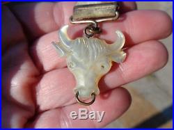 ANTIQUE VICTORIAN HAND CARVED MOP BULL STEER WATCH FOB on COWHAIR STRAP used