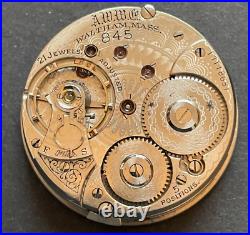 Antique 1908 Waltham Model 1892 845 Pocket Watch Movement Parts Hand 18s 21j USA