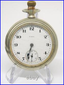 Antique Elgin Open Face Mechanical Silver Tone Case Pocket Watch FOR PARTS