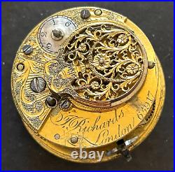 Antique J Richards London Verge Pocket Watch Movement Parts/Repair 38mm English