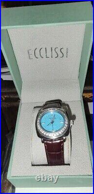 Ecclissi Sterling Silver Leather Strap Turquoise Face Topaz Watch! New! (C730)