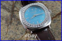 Ecclissi Sterling Silver Leather Strap Turquoise Face & White Topaz Watch! New