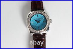 Ecclissi Sterling Silver Leather Strap Turquoise Face & White Topaz Watch! New