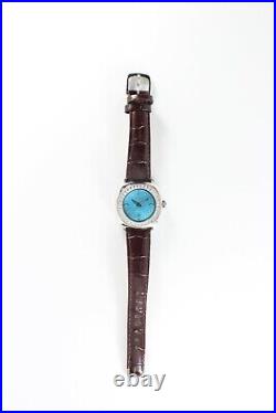 Ecclissi Sterling Silver Leather Strap Turquoise Face & White Topaz Watch! New