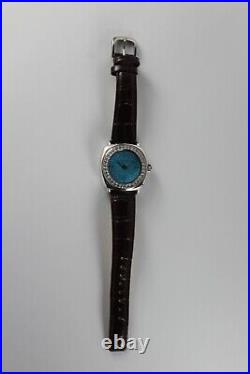 Ecclissi Sterling Silver Leather Strap Turquoise Face & White Topaz Watch! New