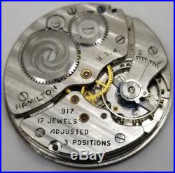 Hamilton Grade 917 Pocket Watch Movement dial hands Open 10s 17j for parts F997