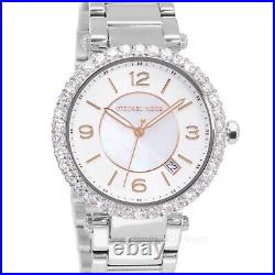 Michael Kors Womens Parker Glitz Watch, White MOP Dial Crystals Stainless Steel