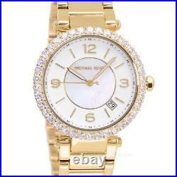 Michael Kors Womens Parker Lux Glitz Watch, White MOP Dial, Crystals, Gold Band