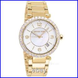 Michael Kors Womens Parker Lux Glitz Watch, White MOP Dial, Crystals, Gold Band