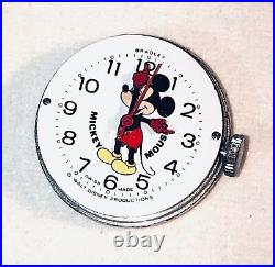 Mickey Mouse Swiss Mechanical Watch Movement Enamel Face Hands Parts MOD Vtg