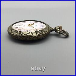 Vtg Stag Fancy Dial Pocket Watch Pink White Dial Silver Tone FOR PARTS REPAIR