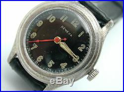 Ww2 Era Geneve Solid Sterling Silver Wrist Watch With Red Center Second Hand