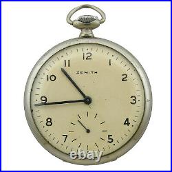 Zenith 46mm White Dial Sterling Silver Pocket Watch For Parts Or Repairs